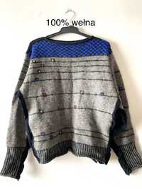 Wełniany patchworkowy sweter kolorowe wzory handmade