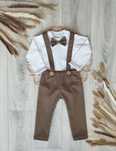 Elegancki komplet- spodnie w kratkę , body , mucha , szelki