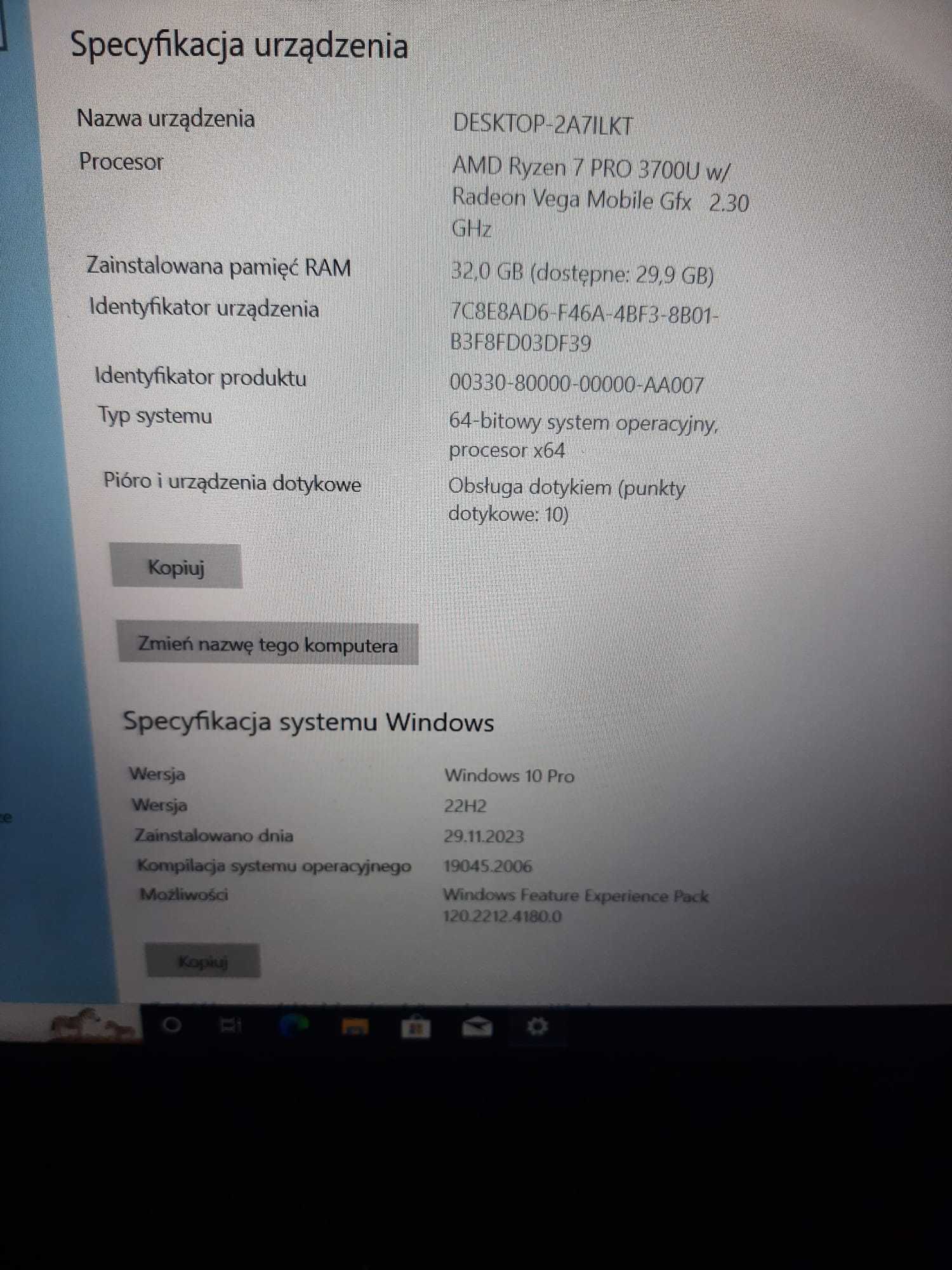 Laptop Biznesowy ThinkPad T495 Win10/11Pro Ryzen 7PRO 32G RAM 512G M.2