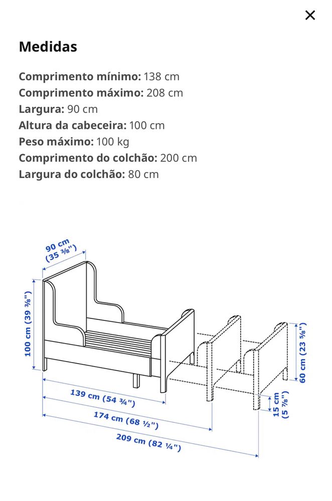 Cama extensível, branco, 80x200 cm