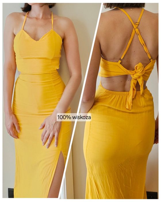 Żółta musztardowa letnia midi długa podpasowana sukienka M