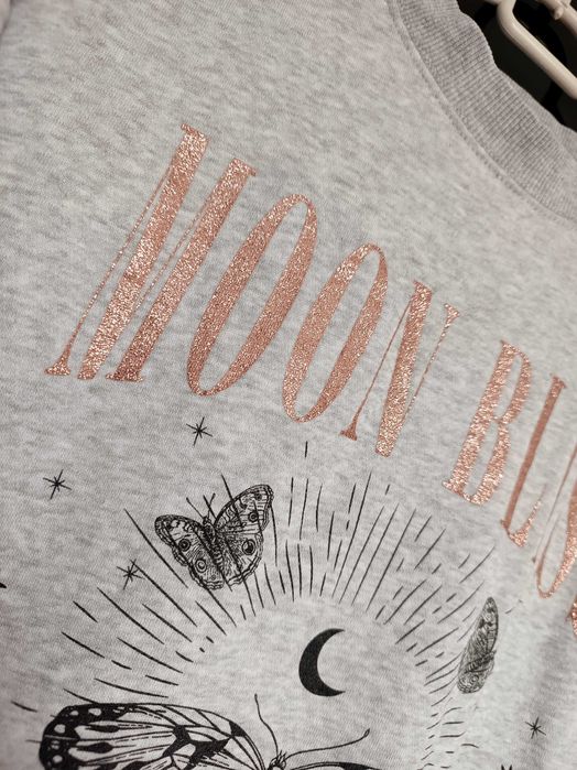 Siwa bluza H&M złoty brokatowy i czarny nadruk moon bliss