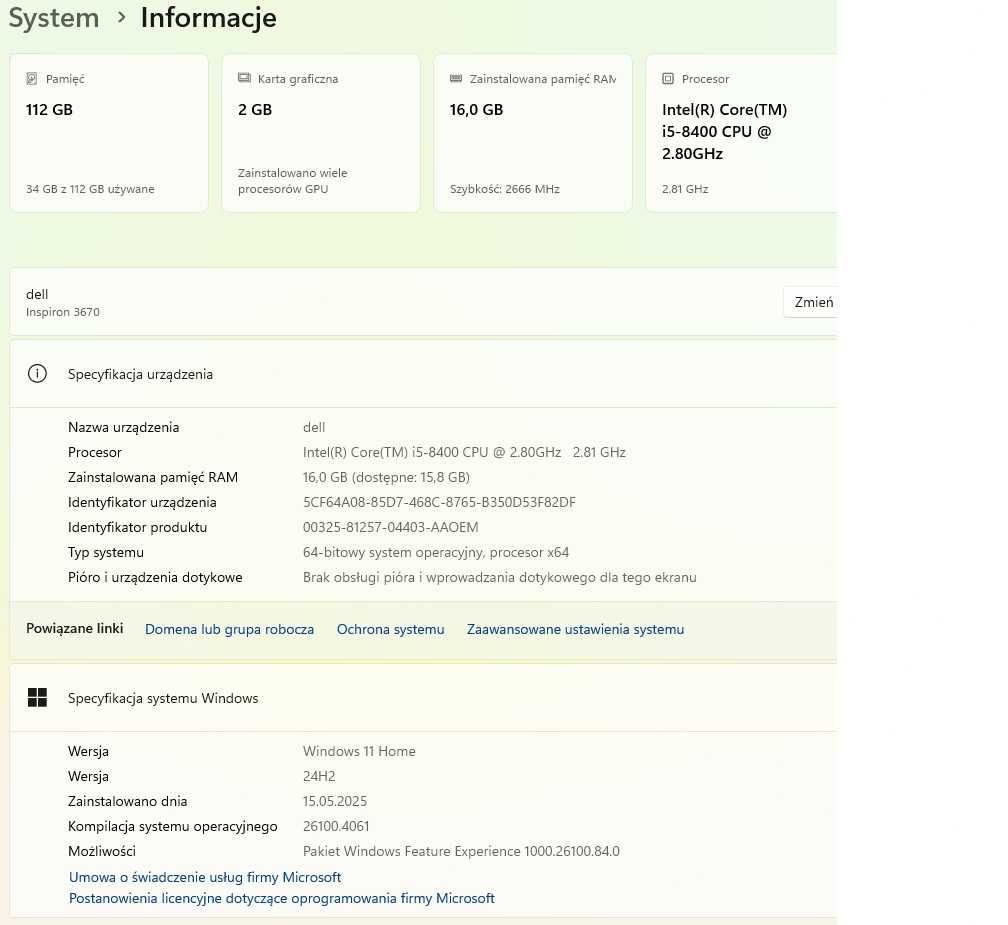 Komputer stacjonarny Dell Inspiron 3670 NVIDIA GeForce GTX 1050 SSD