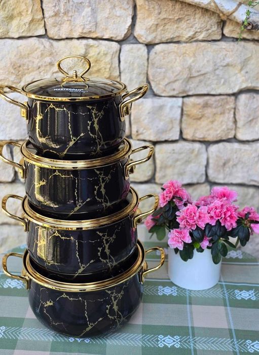 Garnki zestaw czarny złoty marmur