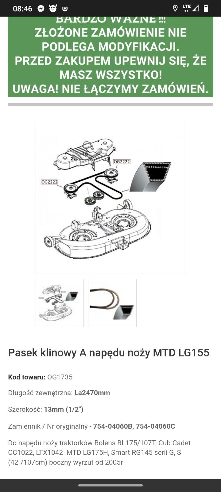 Pasek do kosiarki traktorku MTD (pilne)