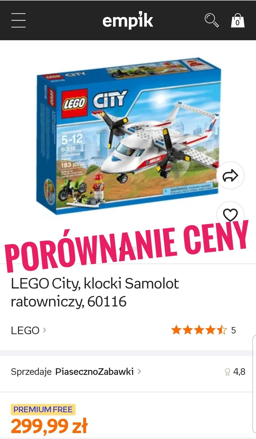 LEGO City, klocki Samolot ratowniczy, 60116 STAN IDEALNY!!!