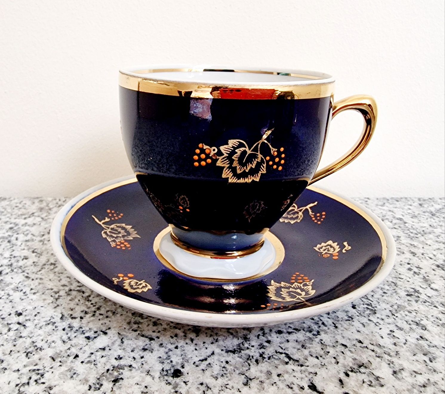 Kobaltowy serwis kawowy piękny złocony duo na 5 osób Dowbysz Ukraina