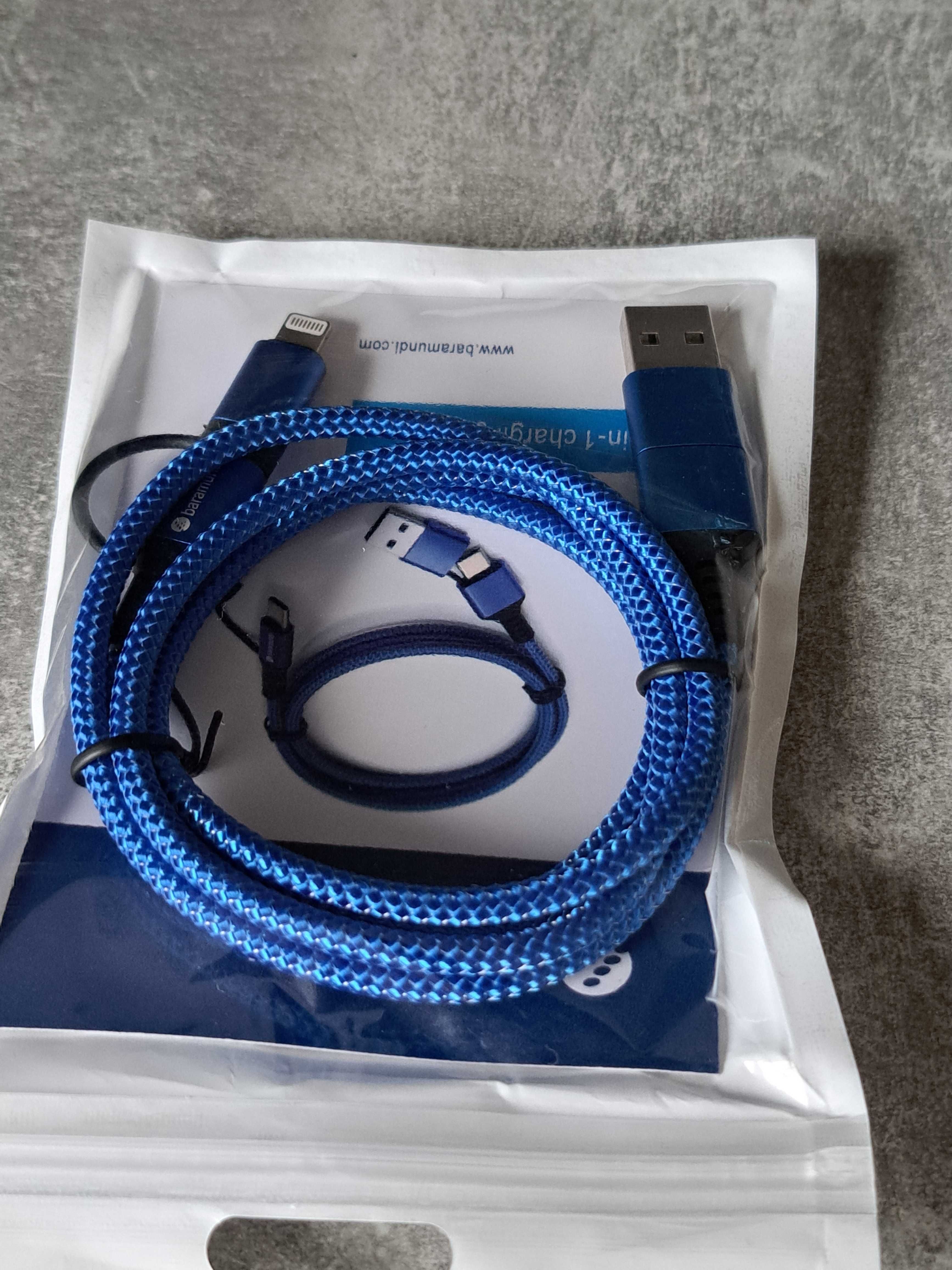 Okazja! Elegancki niebieski przewód multi (USB, USB-C, Lightining).