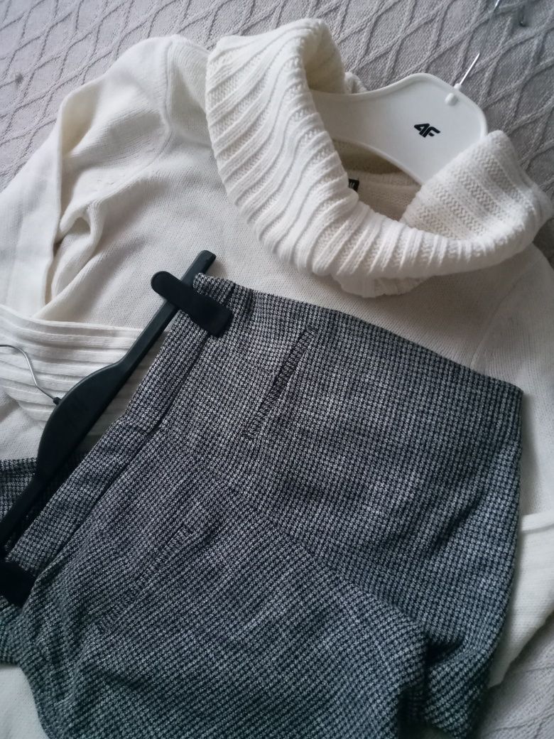 Komplet H&M S-M śmietankowy sweter sukienka i spodnie w pepitkę