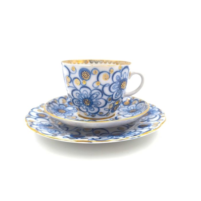 Łomonosow Trio Filiżanka Podstawek Spodek Talerzyk Porcelana Kobalt