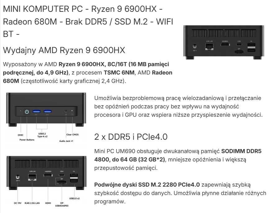 MINISFORUM UM690L Slim Mini PC, AMD Ryzen 9 6900HX (8/16wątków, 32 GB)
