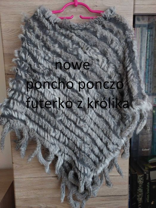 Nowe poncho ponczo królik naturalny nowe piękne szare narzutka