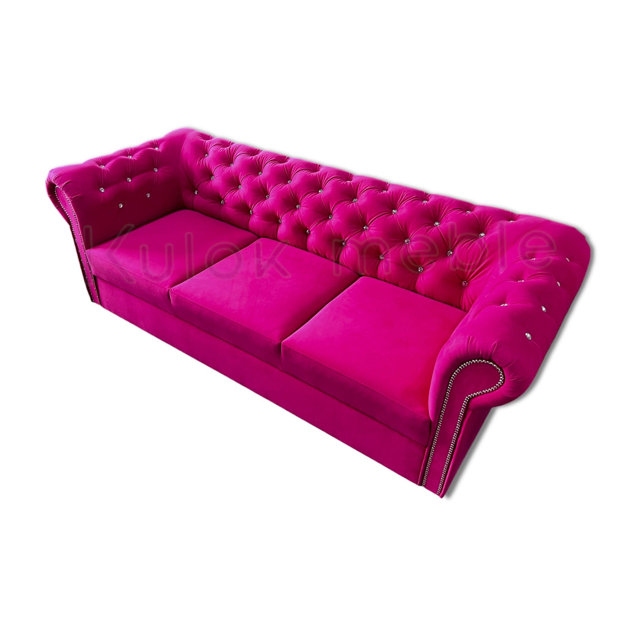 Różowa sofa nowojorska pikowana Kryształki Glamour TOKIO spanie