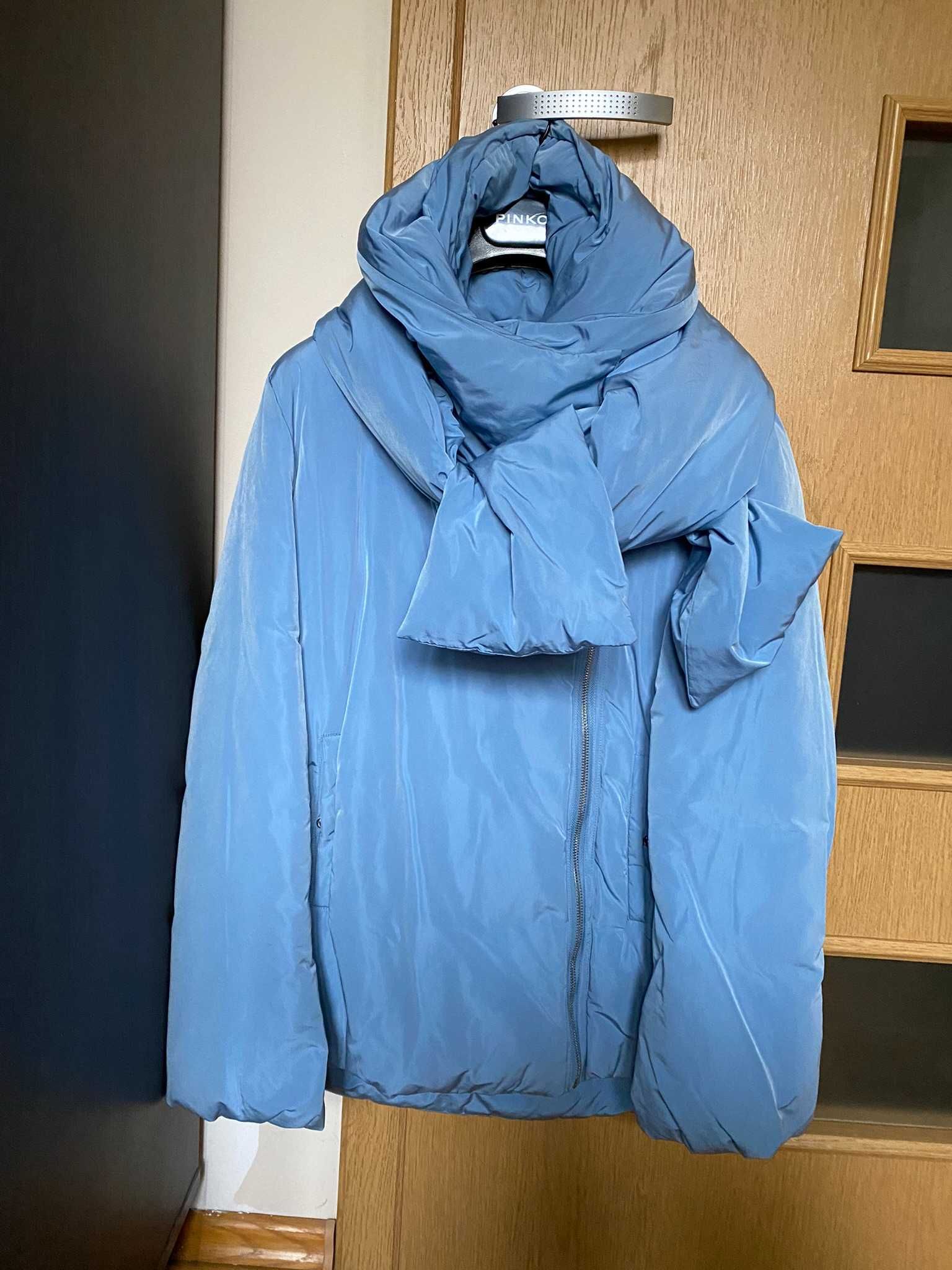 Oryginalna ciepla zimowa niebieska kurtka puchowa Pinko z szalem, 38 M