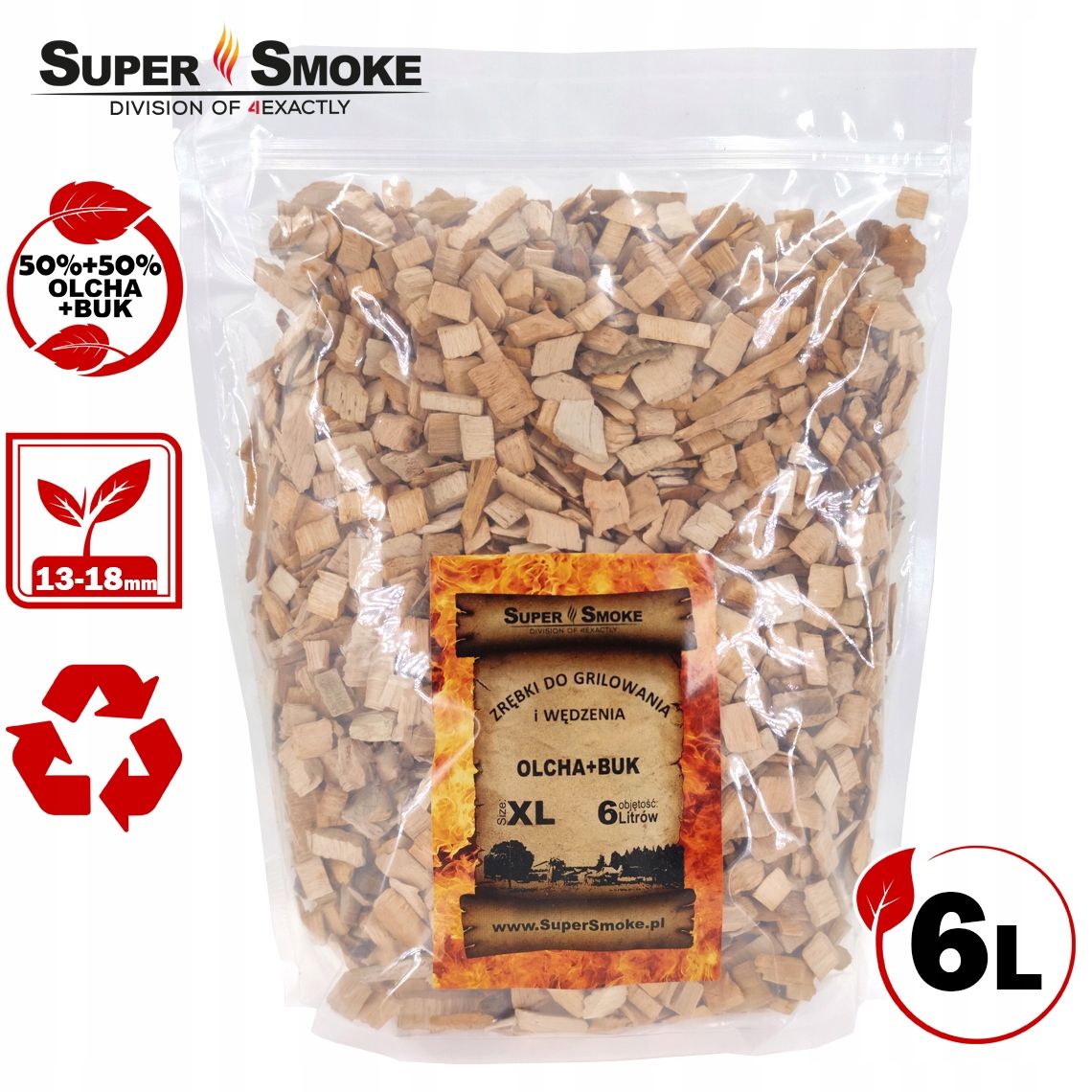 Zrębki Wędzarnicze SuperSmoke OLCHA+BUK KL-13 (12-18mm) XL 6L Doypack
