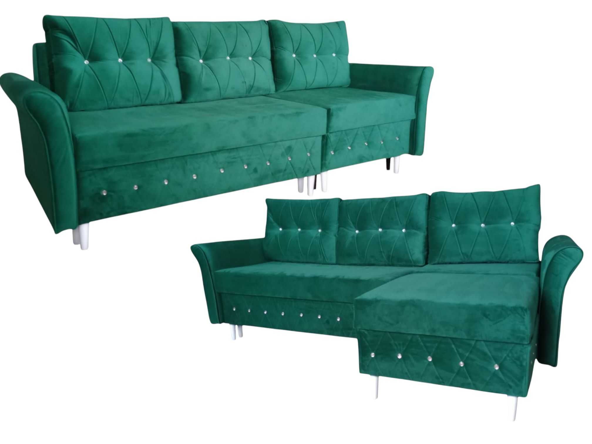 Sofa Glamour Kanapa Narożnik2w1 Kryształ funkcja spania pojemniki