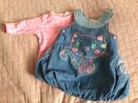 Sukienka jeansowa z kotkiem + koszulka 62cm 0-3mc