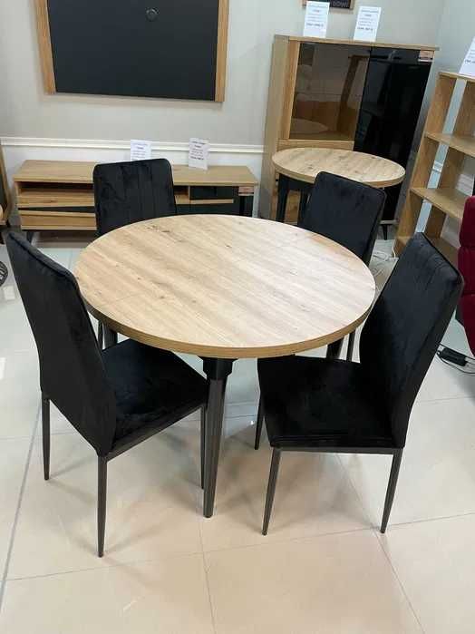 (116) Stół okrągły rozkładany + 4 krzesła, nowe 850 zł