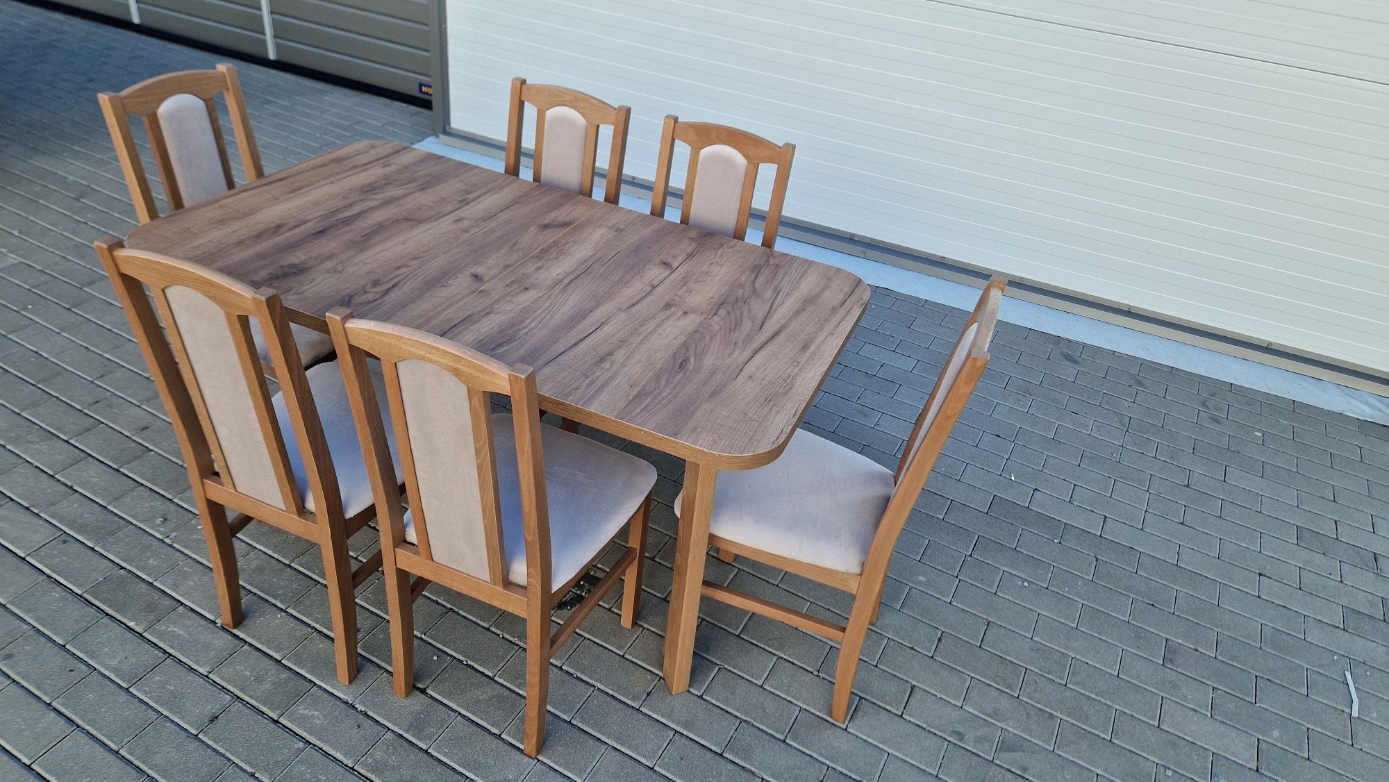 Stół 80x140/180 + 6 krzeseł, nowe, ORZECH JASNY + LATTE, dostawa PL