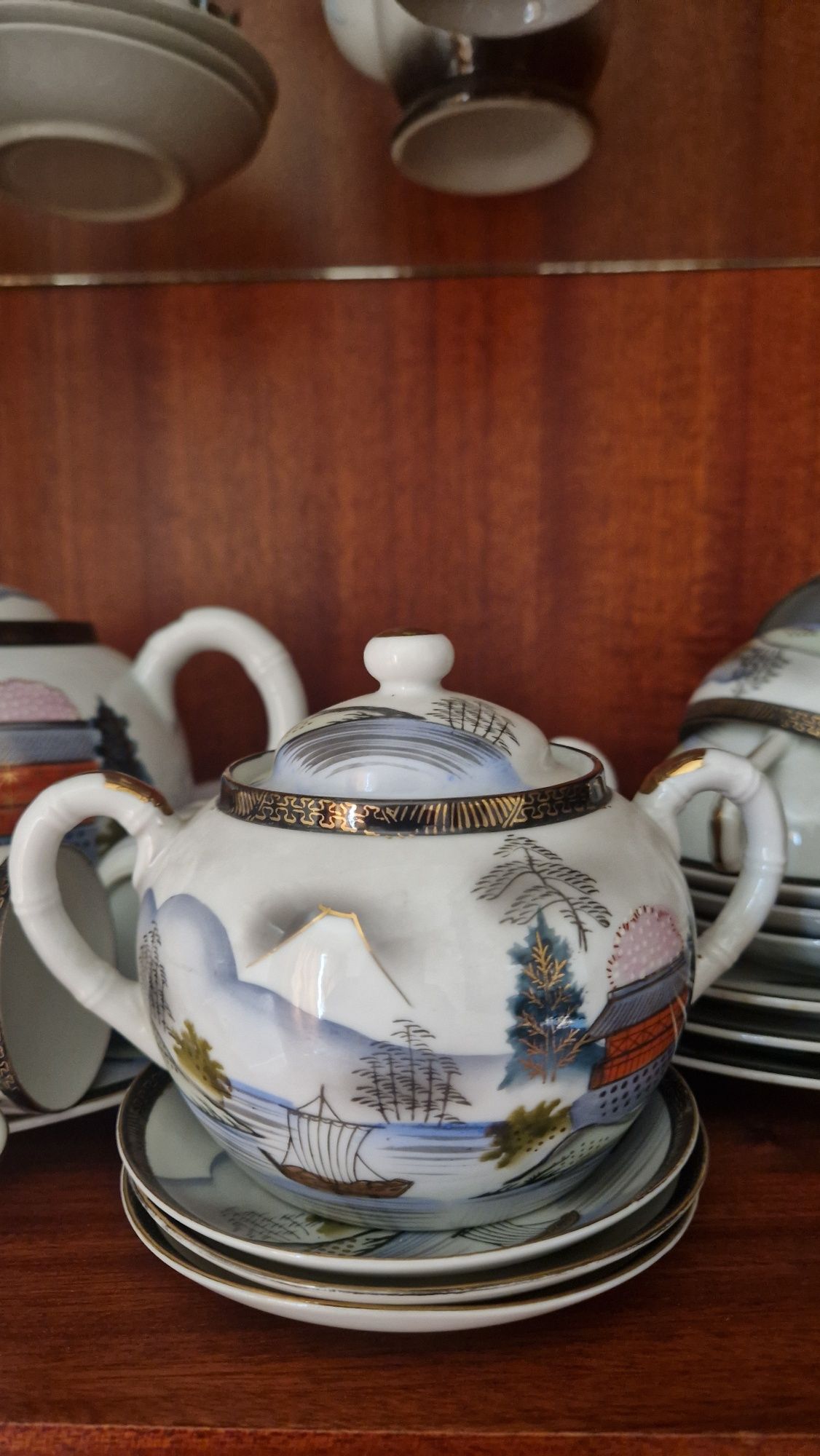 Conjunto de chá japonês antigo com geisha escondida (15 peças)