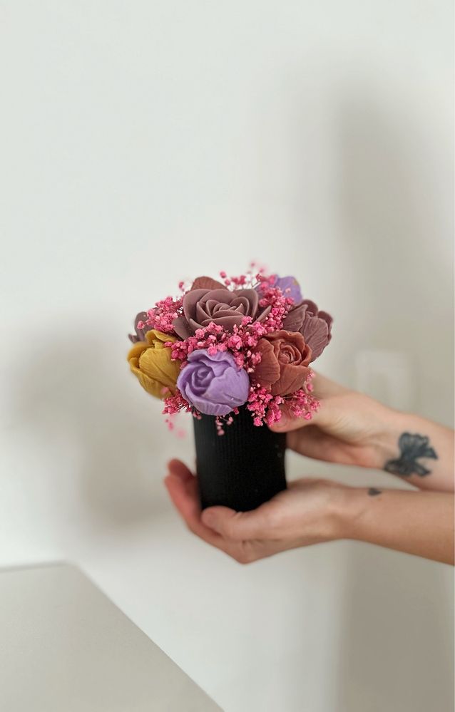 Flowerbox, jesienna tonacja , wosk sojowy kwiaty