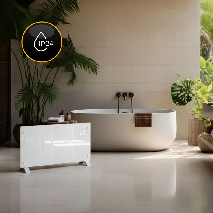 Grzejnik elektryczny szklany konwektorowy Glow 2500W LED WiFi biały fv