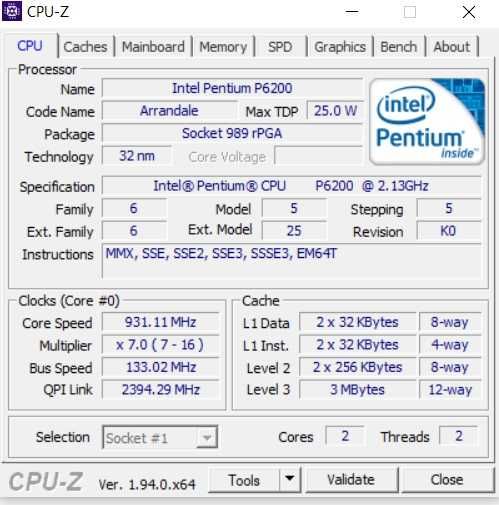 Intel Pentium P6200 2.13GHz Arrandale 32nm Technology 35W Сокет PGA988