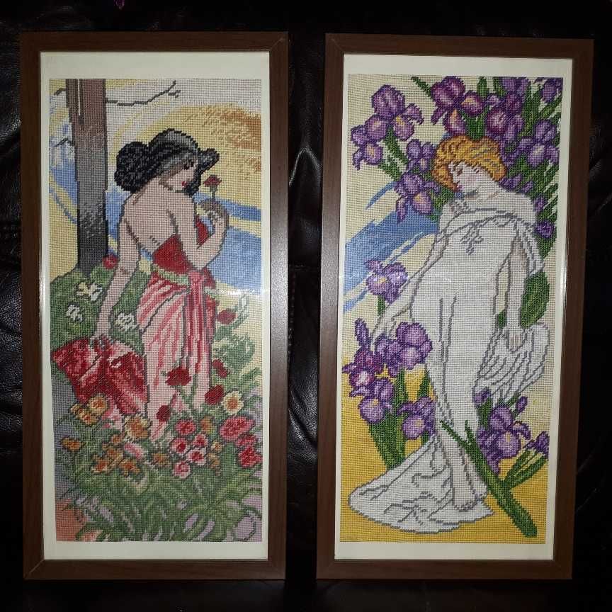 2 obrazy haft krzyżykowy damy kobiety kwiaty