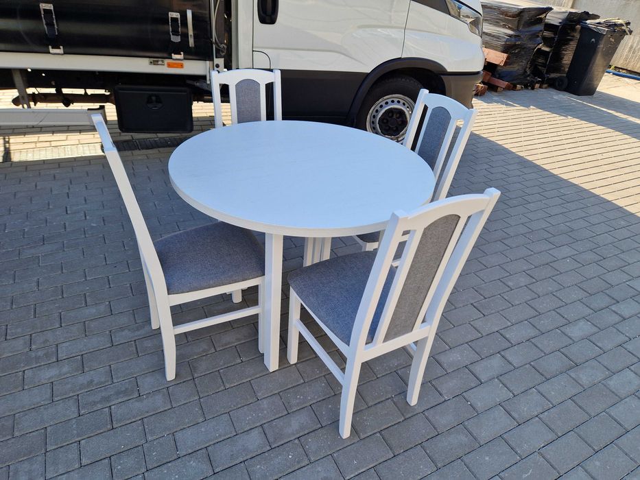 Nowe: Stół okrągły rozkładany + 4 krzesła , biały + szary , dostawa PL