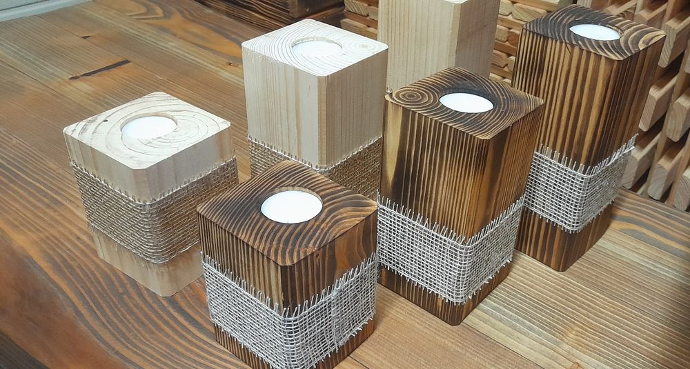 Świecznik, świeca drewniana z liną