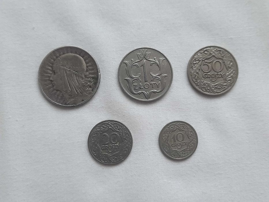 Stare przedwojenne polskie monety 5 i 1 zł, 50, 20, 10 gr (1923-34)