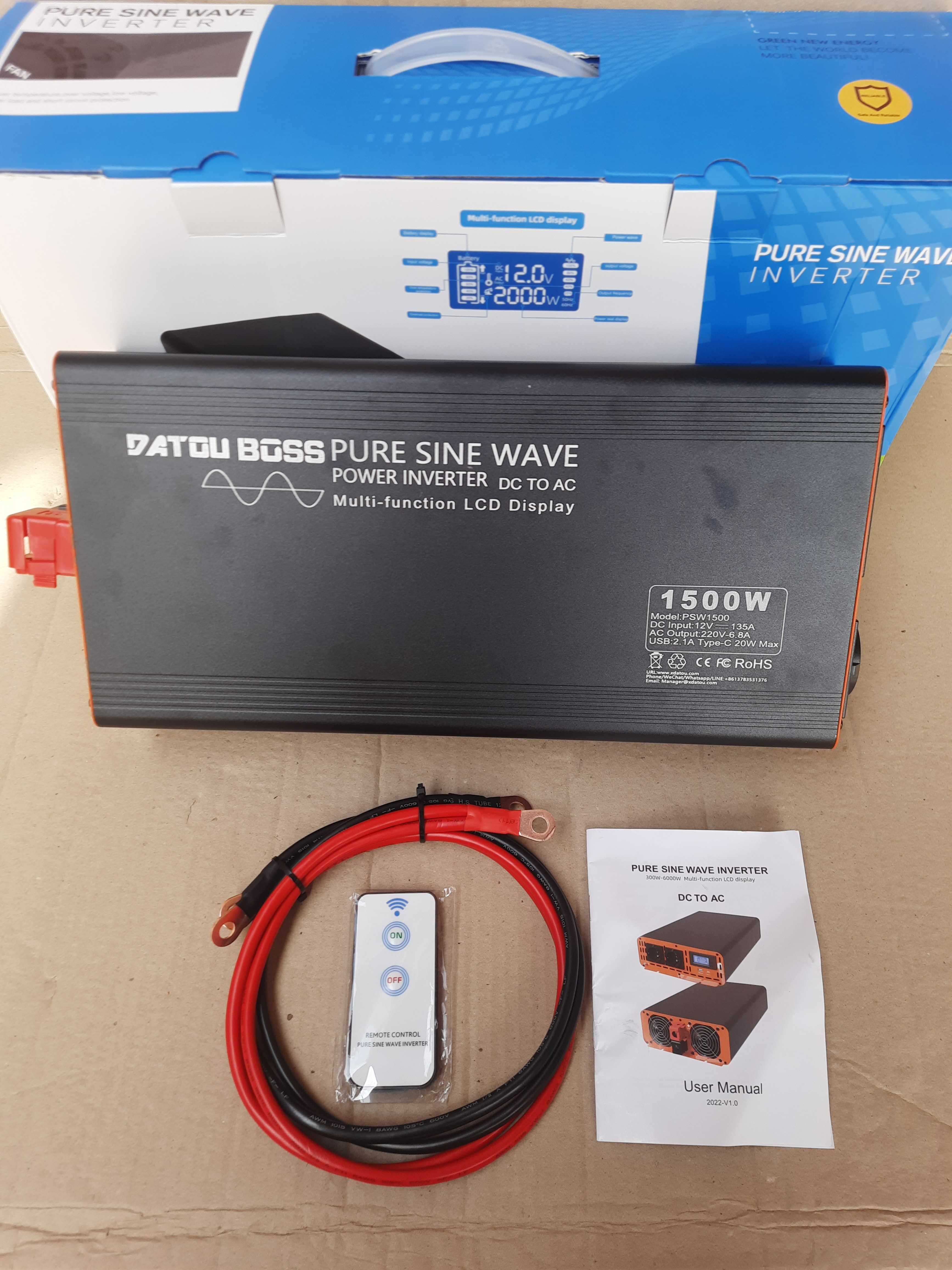 Інвертор DATOUBOSS 12V-220V 1500W, peak 3000W, Чистий синус