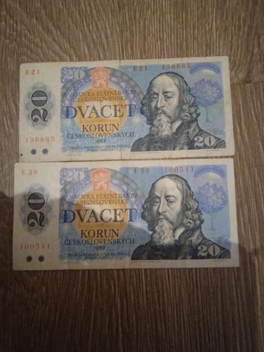 Dvacet Korun ČeskoSlovenskych 1988 banknot oraz polski banknot 100zl
