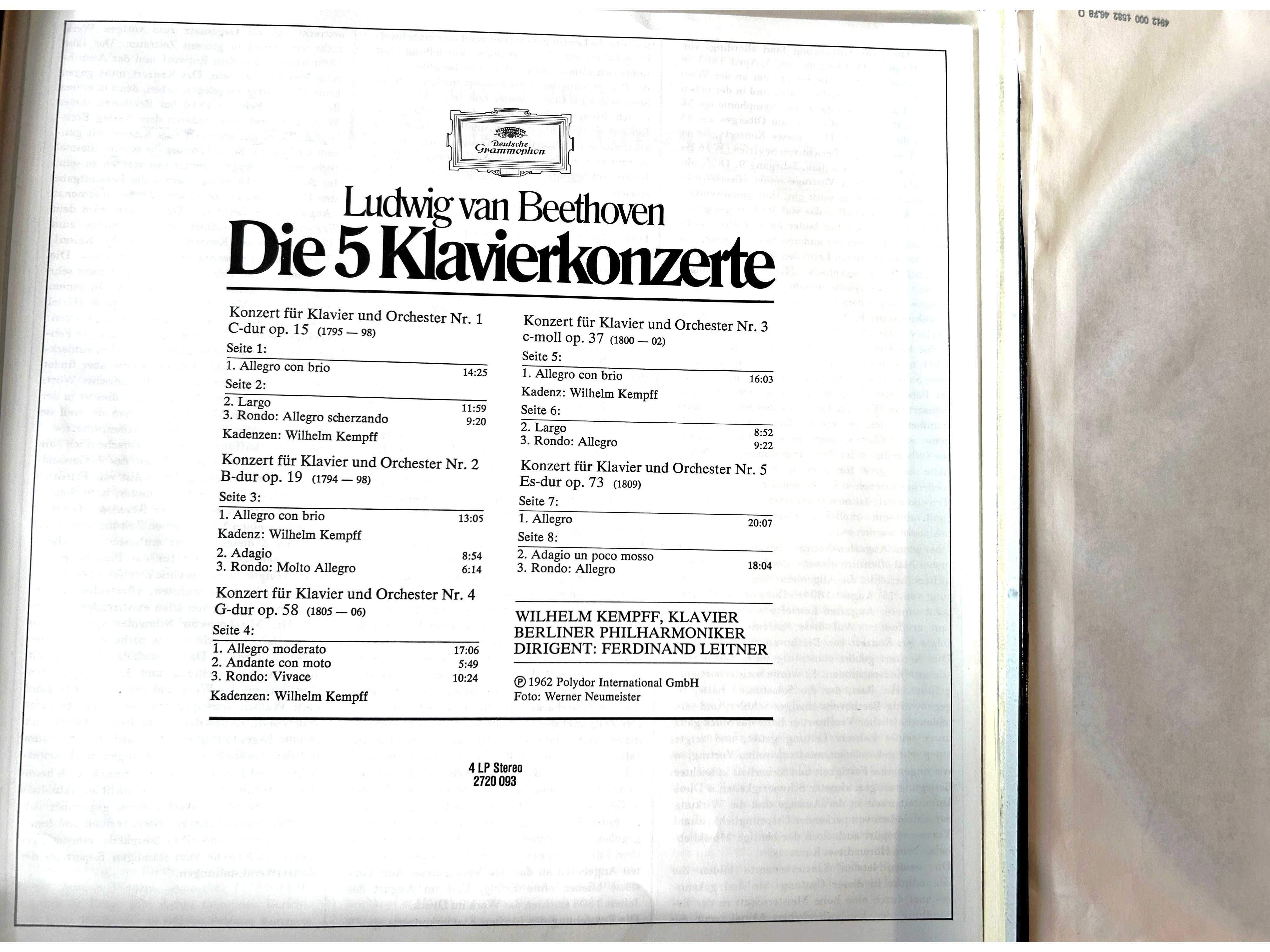 Ludwig van Beethoven Die 5 Klavierkonzerte Wilhelm Kempff 4 LP Zestaw