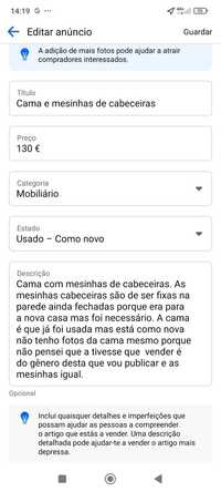 Mobília (Cama e mesinhas de cabeceira) para venda