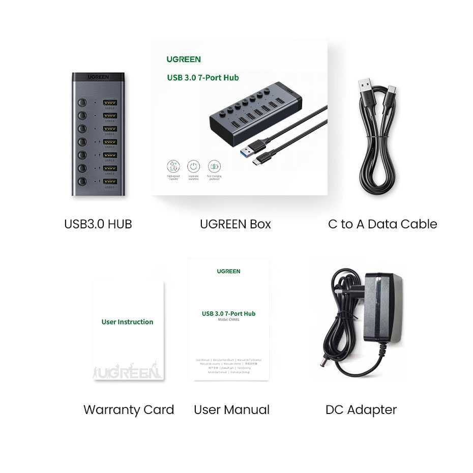 USB-хаб для USB-A USB 3.0 7 портов UGREEN для ноутбука с доп. питанием