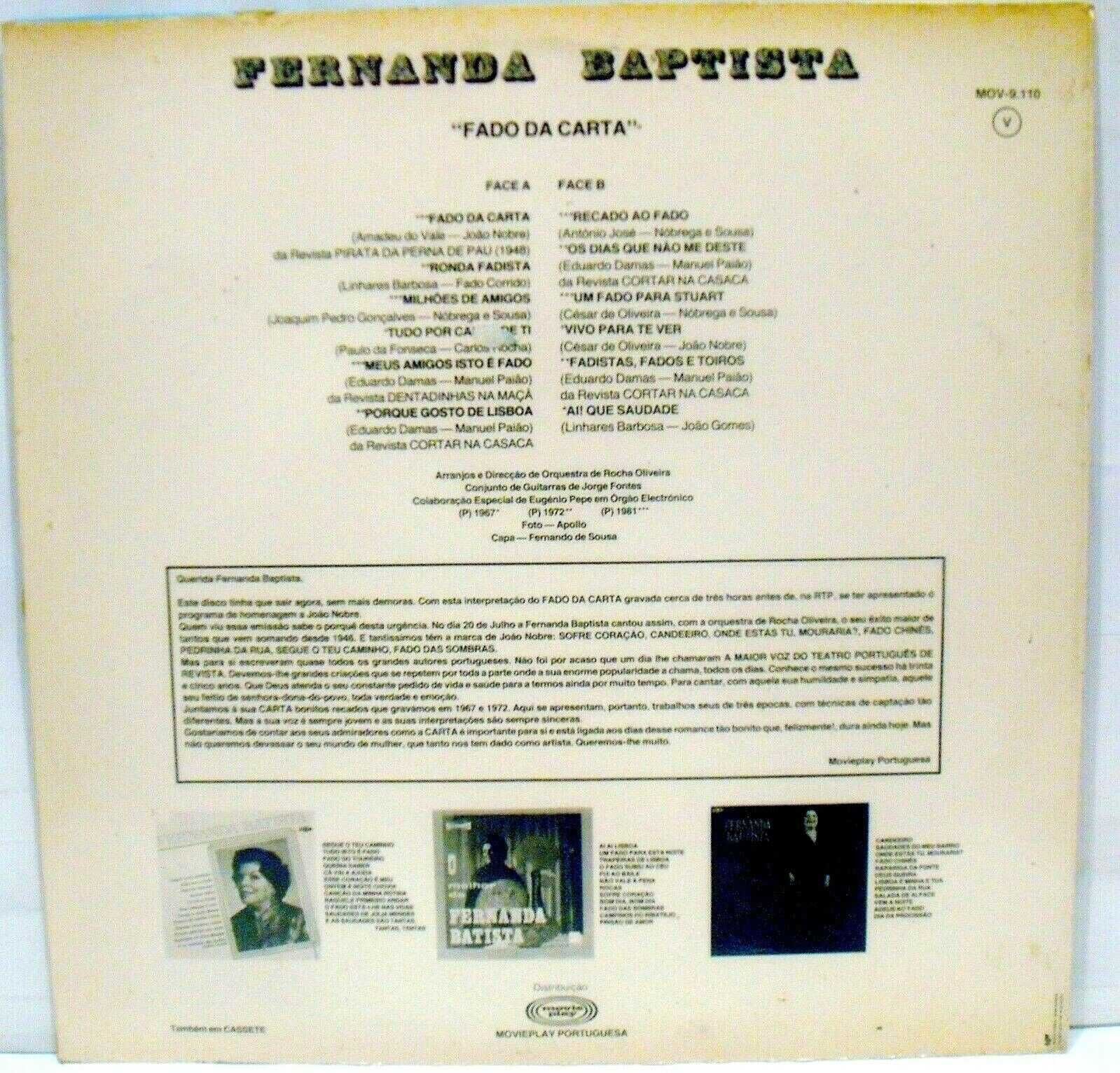 Fernanda Baptista - Fado - LP Antigo - muito bom estado