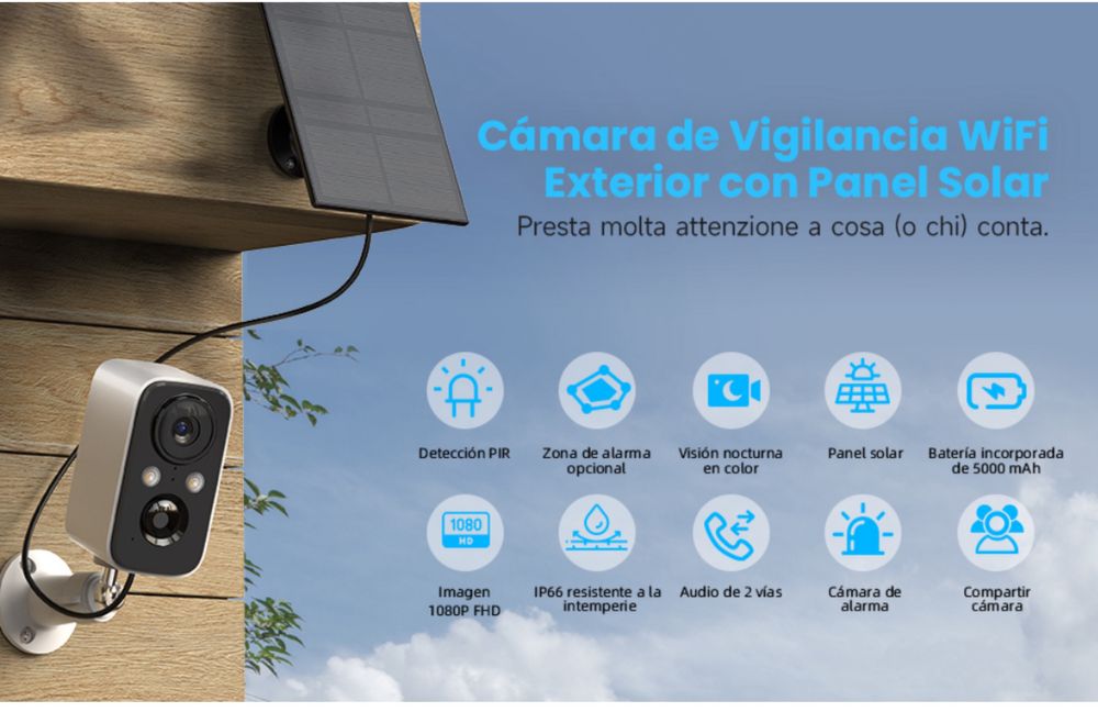 Câmera de vigilância WiFI Exterior IP66 c/ Painel solar e bateria