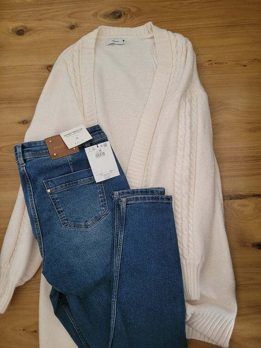 Sweter kardigan nowy Reserved s I spodnie jeansowe mohito m nowe