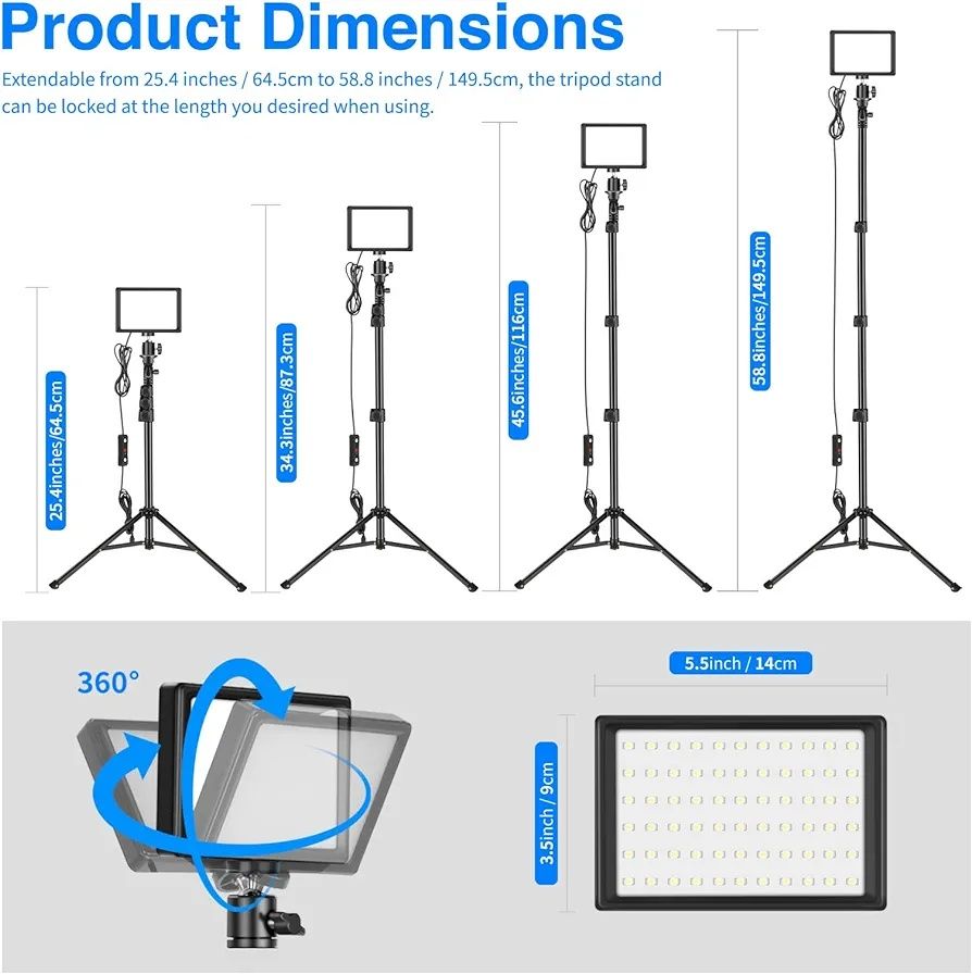 Kit 2 luzes de vídeo LED USB regulável 5600K com tripés e filtros NOVO