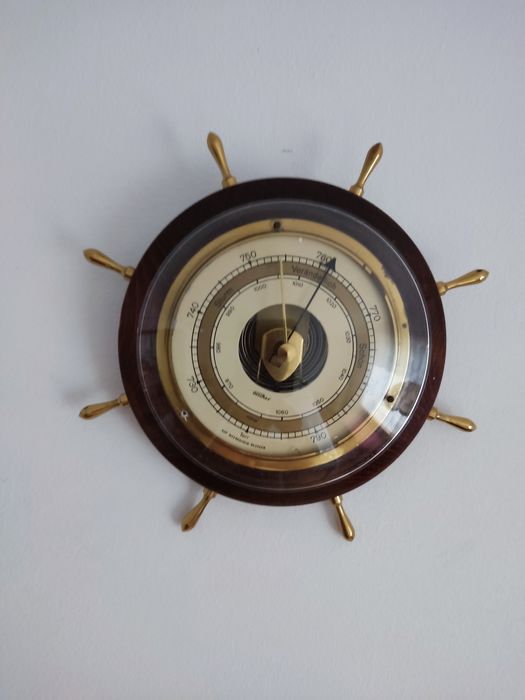 UNIKAT Barometr koło sterowe mosiądz mahoń jacht FISCHER NIEMCY