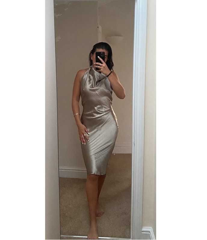 Metaliczna srebrna sukienka połyskująca  midi dekolt halter 36 asos
