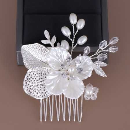 Grzebyk stroik do włosów srebrny kwiaty liście perły ślub komunia