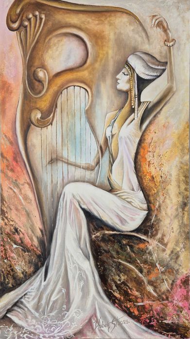 Obraz olejny ręcznie malowany pt. Harfistka