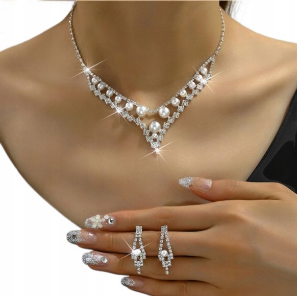 Komplet Biżuterii Perły Kolczyki Naszyjnik Ślub Srebrny Cyrkonie  B8