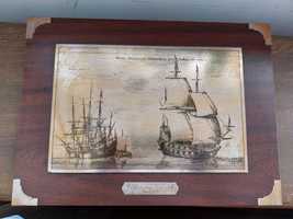 Obraz statek miedź żaglowiec na płycie stary 40x30 marynistyka