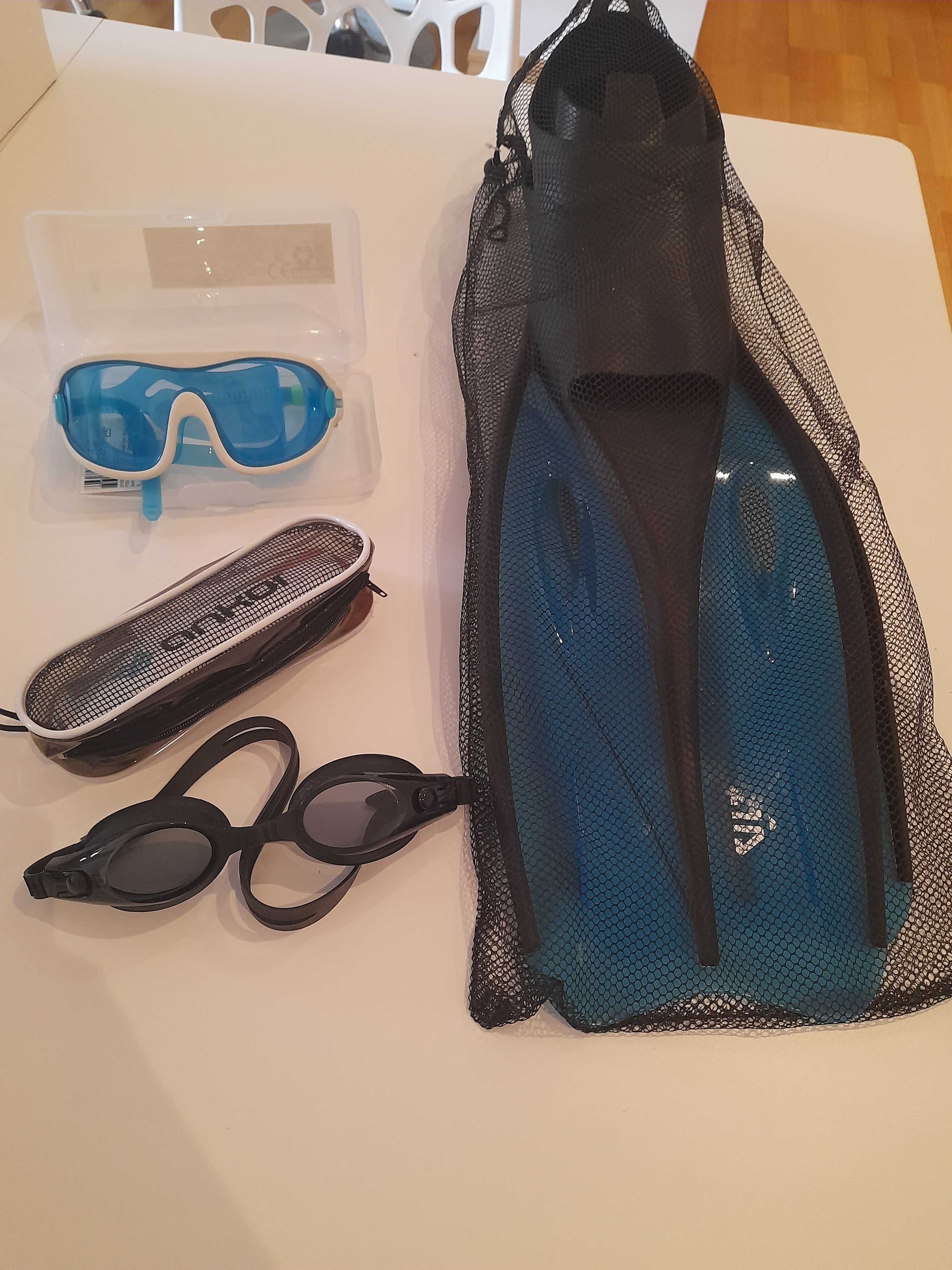 Barbatanas de natação/mergulho - Adulto XXL nunca usado e dois óculos