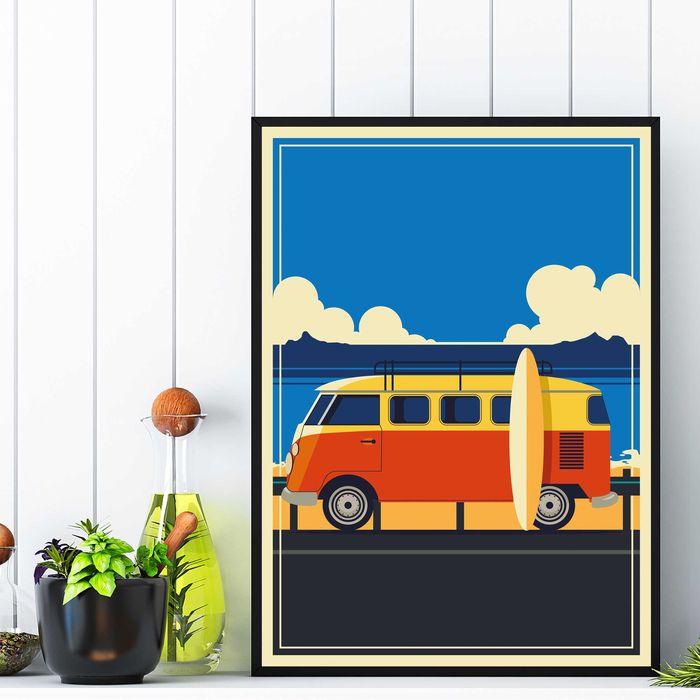 plakat vintage surfing, kolorowa grafika lato auto surfing na plakacie