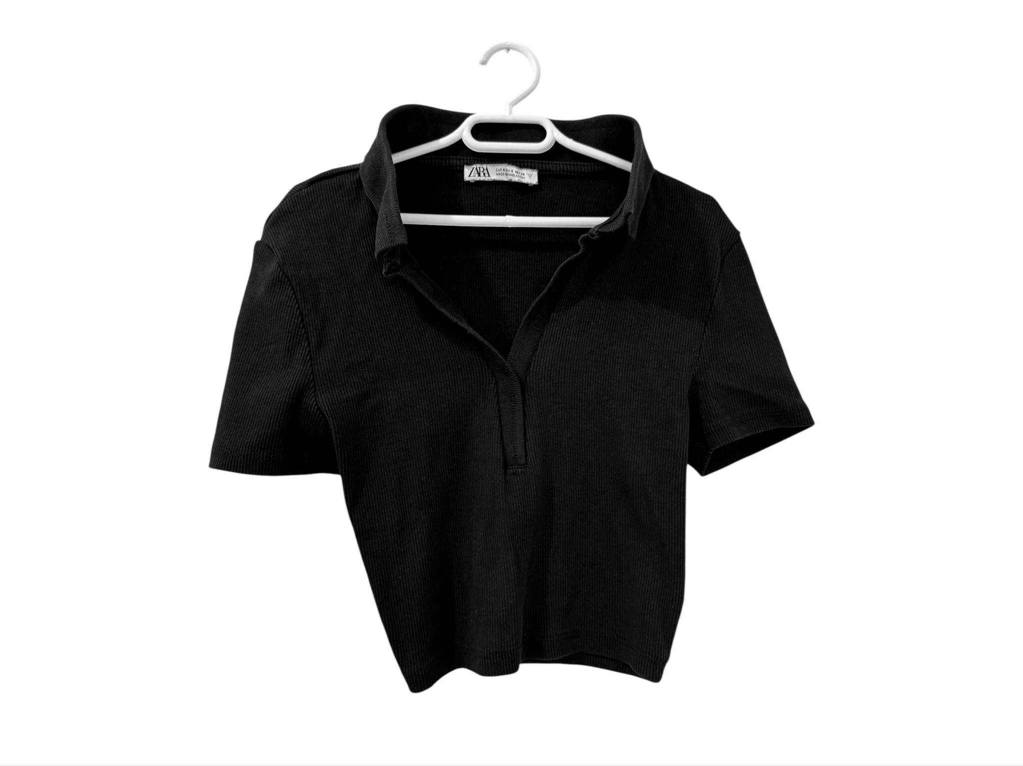 Bluzka crop top czarny z kołnierzykiem obcisły polo dekolt v Zara 36/S