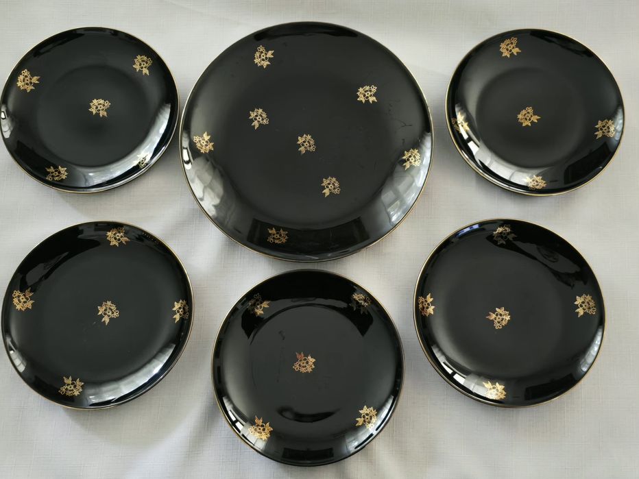 Zestaw deserowy: patera + 5 talerzyków porcelit Pruszkow  prl retro